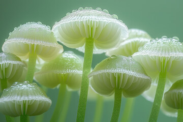 Poster - A close-up of tiny, translucent mushrooms with a pale green tint, glowing gently in the light,