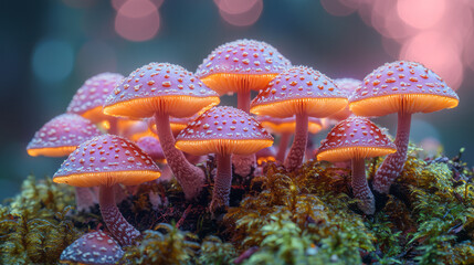 Poster - A bunch of small, velvety black mushrooms with soft, glowing edges, clustered on a mossy surface,