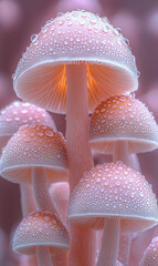 Poster - A macro shot of mushrooms with a soft, creamy texture and rounded caps, softly glowing,