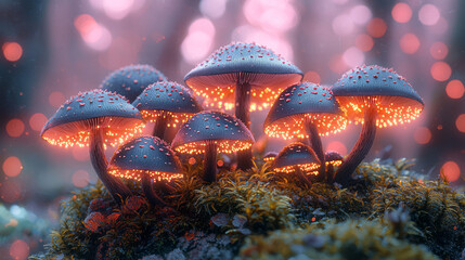 Poster - A bunch of small, velvety black mushrooms with soft, glowing edges, clustered on a mossy surface,