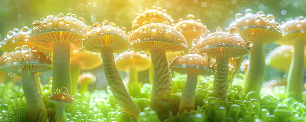 Poster - A cluster of bright, neon green mushrooms with a glowing effect, resembling a bioluminescent phenomenon,