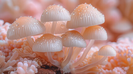 Poster - A group of white, bell-shaped mushrooms with translucent caps, growing from a piece of dark wood,