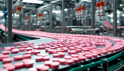 Wall Mural - Efficient pharmaceutical production line featuring pink tablets gracefully moving along a conveyor belt in a modern manufacturing facility