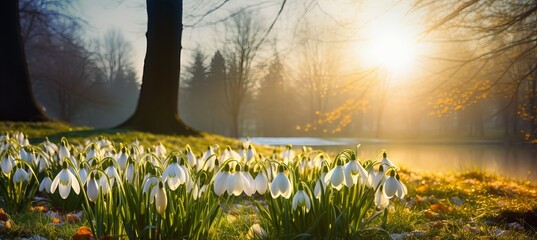 Wall Mural - Morning sunlight illuminates snowdrops near a tranquil lake in early spring