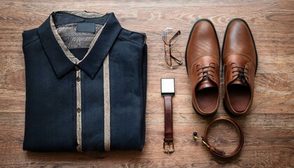 Flat lay of men's casual clothing and accessories on wood