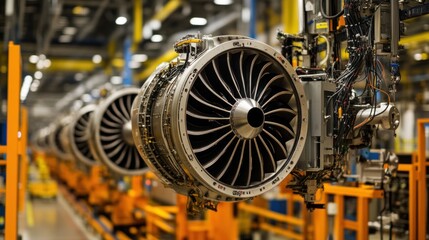 A close-up view of the turbine engine production line, where large jet engine components are being assembled