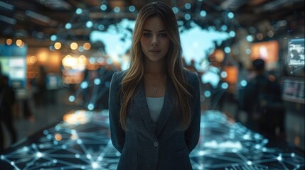 Fototapete - A young woman in business attire stands confidently, surrounded by digital devices and glowing holograms that form a global map with interconnected nodes. Generative AI.