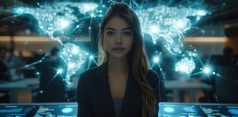 Aufkleber - A young woman in business attire stands confidently, surrounded by digital devices and glowing holograms that form a global map with interconnected nodes. Generative AI.