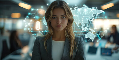 Wall Mural - A young woman in business attire stands confidently, surrounded by digital devices and glowing holograms that form a global map with interconnected nodes. Generative AI.