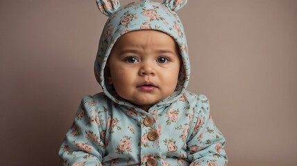 portrait of a girl in a floral suit and a hood with ears on her head on a neutral background