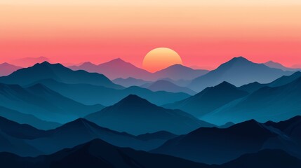 A serene sunset over layered mountains, blending warm and cool hues, creating a peaceful and captivating landscape scene.