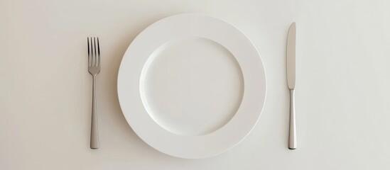 Empty dinner plate with fork and knife on a white background symbolizing hunger or dieting 3D rendering illustration