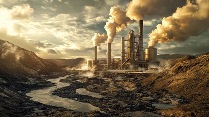 A geothermal power plant situated in a volcanic landscape