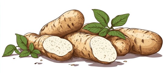 Wall Mural - Cartoon illustration of Chinese yam also known as Dioscorea polystachya against a white background