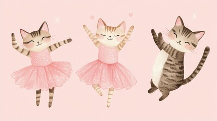 Adorable cats in pink dresses delightfully dance Ballerina inspired illustration for t shirt designs hand drawn with charm