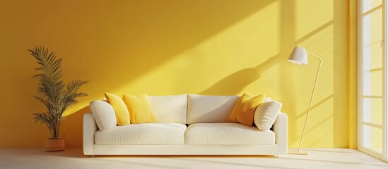 Fototapete - Bright and inviting modern living room interior featuring a sofa and lamp against a light wall backdrop 3D rendering