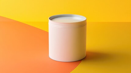 White plastic tin can on a yellow and orange background featuring flat colors and a 3D rendering designed for food storage