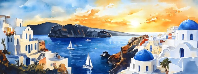 Watercolor painting of a sunset in Santorini, with cruise ships at sea