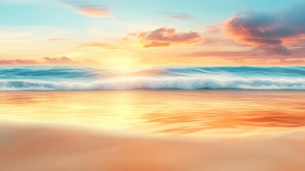 Poster - A beach with a sunset in the background and waves, AI