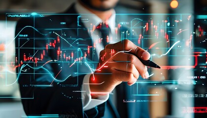 Businessman navigating intricate financial analytics on a digital display using a stylus tool