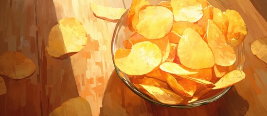 Painting of potato chips in a glass bowl perfect snack for beer or ale placed on a natural wooden table Ideal for food and drink photography macro shot showcasing delicious snacks