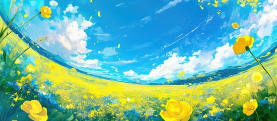 Vibrant spring scene featuring fluffy clouds drifting in a clear blue sky above vast fields of blooming garden buttercups Ranunculus asiaticus captured with a fisheye lens