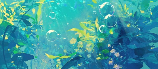 Poster - Underwater painting featuring bubbles and bokeh in shades of turquoise green