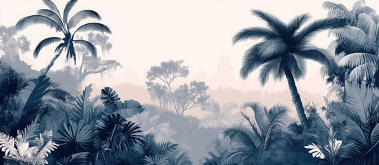 Poster - jungle themed wallpaper design featuring trees and tropical plants vector illustration