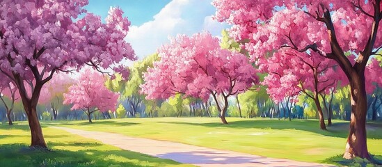 Poster - Painting of vibrant Tabebuia rosea trees in full bloom during spring Pink blossoms showcased in a picturesque park setting