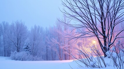 Wall Mural - A snowy winter scene with a single tree in the foreground and a soft pink glow in the background.