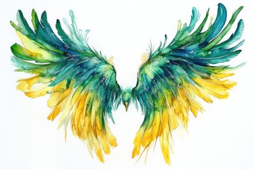 Poster - Enchanting watercolor wings adorned with sparkling green and turquoise shades complemented by vibrant yellow feathers