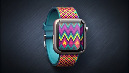 A vector graphic of a wearable ECG device with a bold, modern design, featuring a vibrant color scheme and intricate patterns, placed on a contrasting dark gray background 