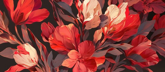 Canvas Print - Painting of pink leaves cascading against a dark backdrop Close up of tulip leaves creating a stunning floral arrangement