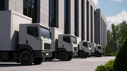 A row of delivery trucks parked outside a modern building on a sunny day, showcasing urban transportation logistics.