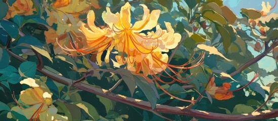 Poster - Close up painting of a stunning goldflame honeysuckle flower in full summer bloom