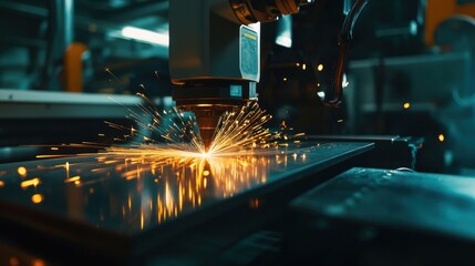 Wall Mural - A powerful laser cutting machine working on a shipbuilding component, slicing through thick metal plates with ease