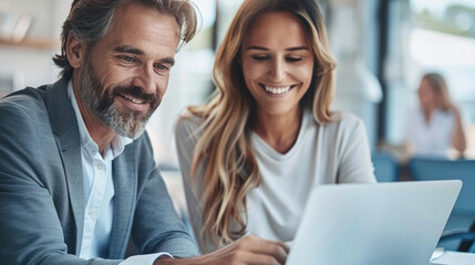 Aufkleber - Happy professional executive team people managing project at work. Busy business man manager leader showing financial results to female partner using laptop computer at corporate office meeting.