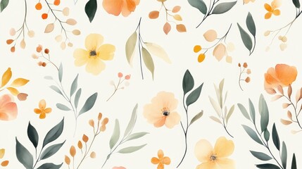 Wall Mural - Seamless Pattern Design Featuring Watercolor Flowers Dried Floral Elements And Green Leaves