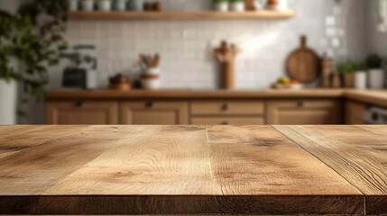 A warm wooden kitchen countertop with a blurred background of a cozy kitchen setting.