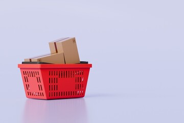 3d Shopping cart basket with cardboard boxes inside cart icon isolated on purple background. Online Shopping, E-Commerce Concept. Minimal Empty Plastic shopping basket cart icon creative. 3d render.