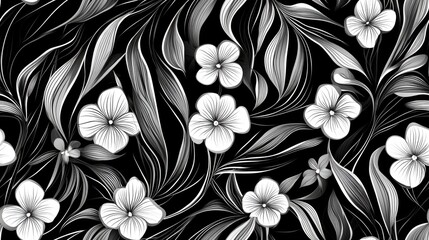 Wall Mural - Abstract seamless pattern featuring floral and leaf designs in black and white Repeating geometric shapes and lines