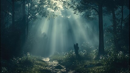 Aufkleber - A mystical forest at dusk, with beams of light and mist. At the end of the path. Generative AI.