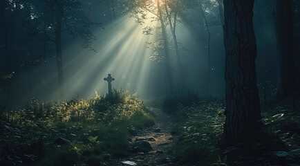 Aufkleber - A mystical forest at dusk, with beams of light and mist. At the end of the path. Generative AI.