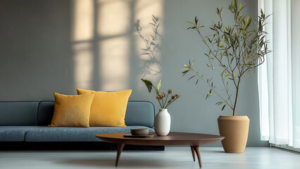 Wall Mural - Minimalist, well-appointed living or dining room, table, chairs, flowers, plants, vases, copy space, mock-up, etc.