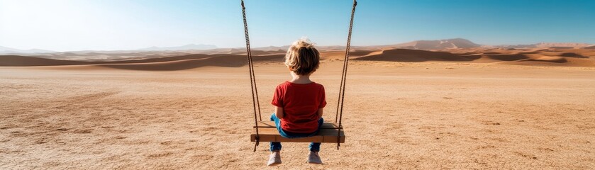 A child swings alone in vast, arid terrain under a clear blue sky, creating a poignant contrast between joy and desolation.