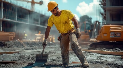 Poster - hyperrealistic wide full body photograph of a sweaty latino construction worker on site wearing a neon shirt and working hard