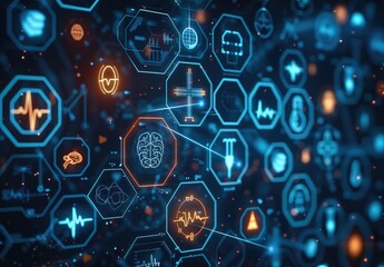 Aufkleber - A futuristic digital interface with medical symbols and icons floating in a dark blue background. The icons are arranged in circular bubbles, include a heart rate monitor, brain, test tube.