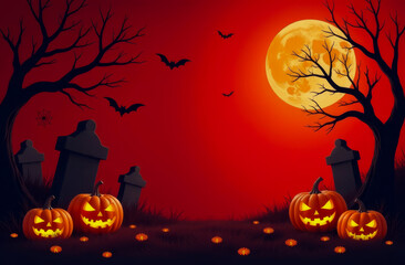 Halloween card with graves, pumpkins, bats and a moon on a red background. 