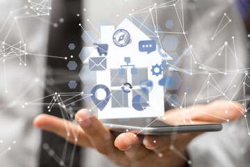Poster - home data. Digital cyberspace with particles and Digital data network connections concept.