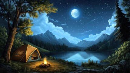 Canvas Print - A painting of a tent and fire by the lake at night, AI